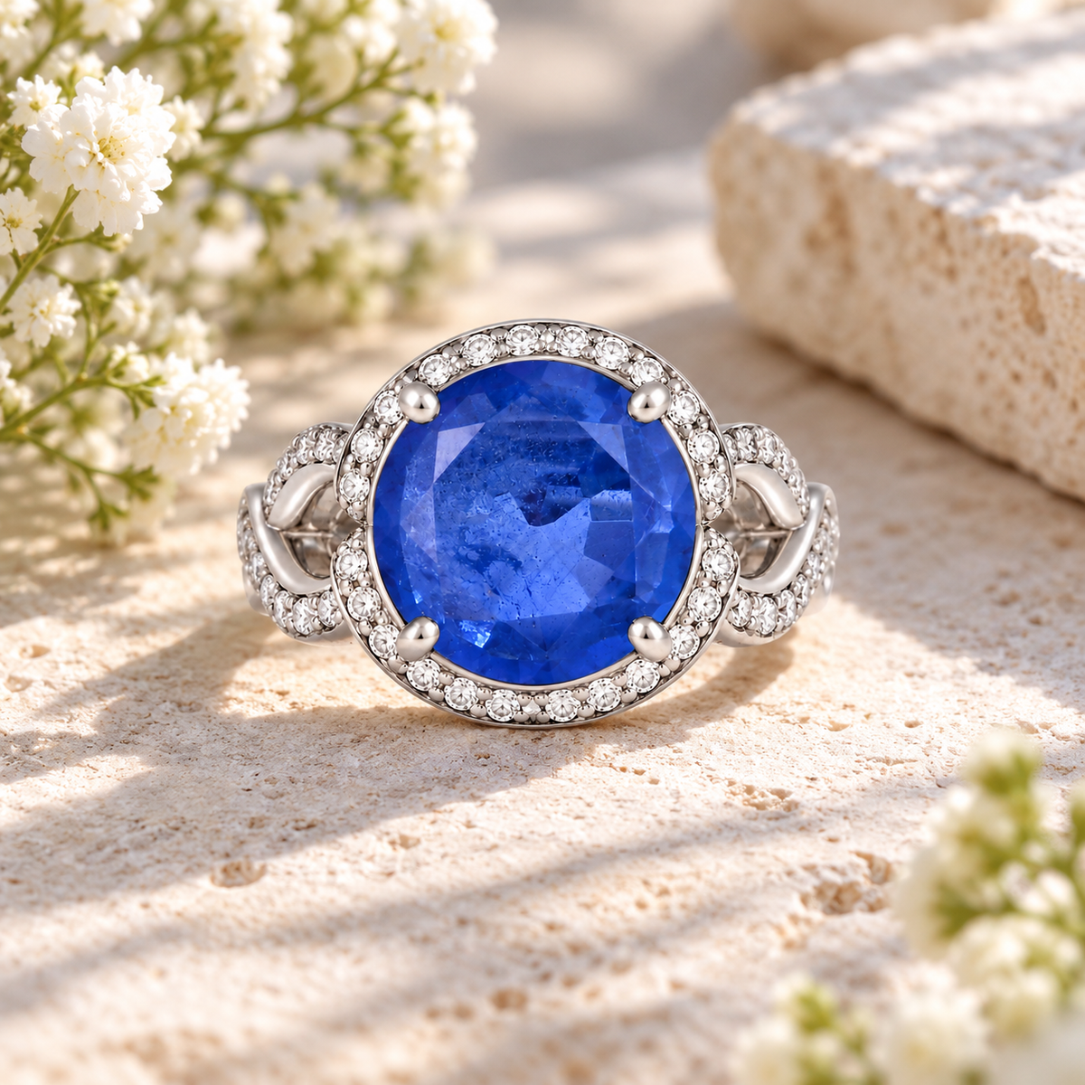 Blue Sapphire Doublet Halo Statement 925 Silver Ring – Silver Tone Pavé Cocktail Ring for Women