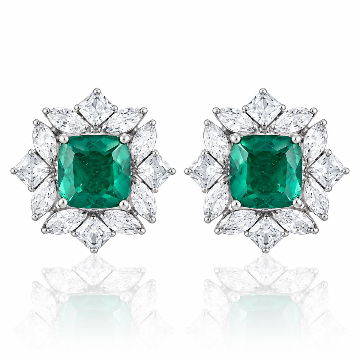Emerald Doublet Cushion Cut Halo Stud 925 Silver Earrings – Statement Jewelry for Women