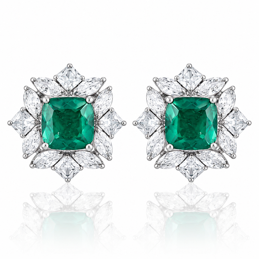 Emerald Doublet Cushion Cut Halo Stud 925 Silver Earrings – Statement Jewelry for Women