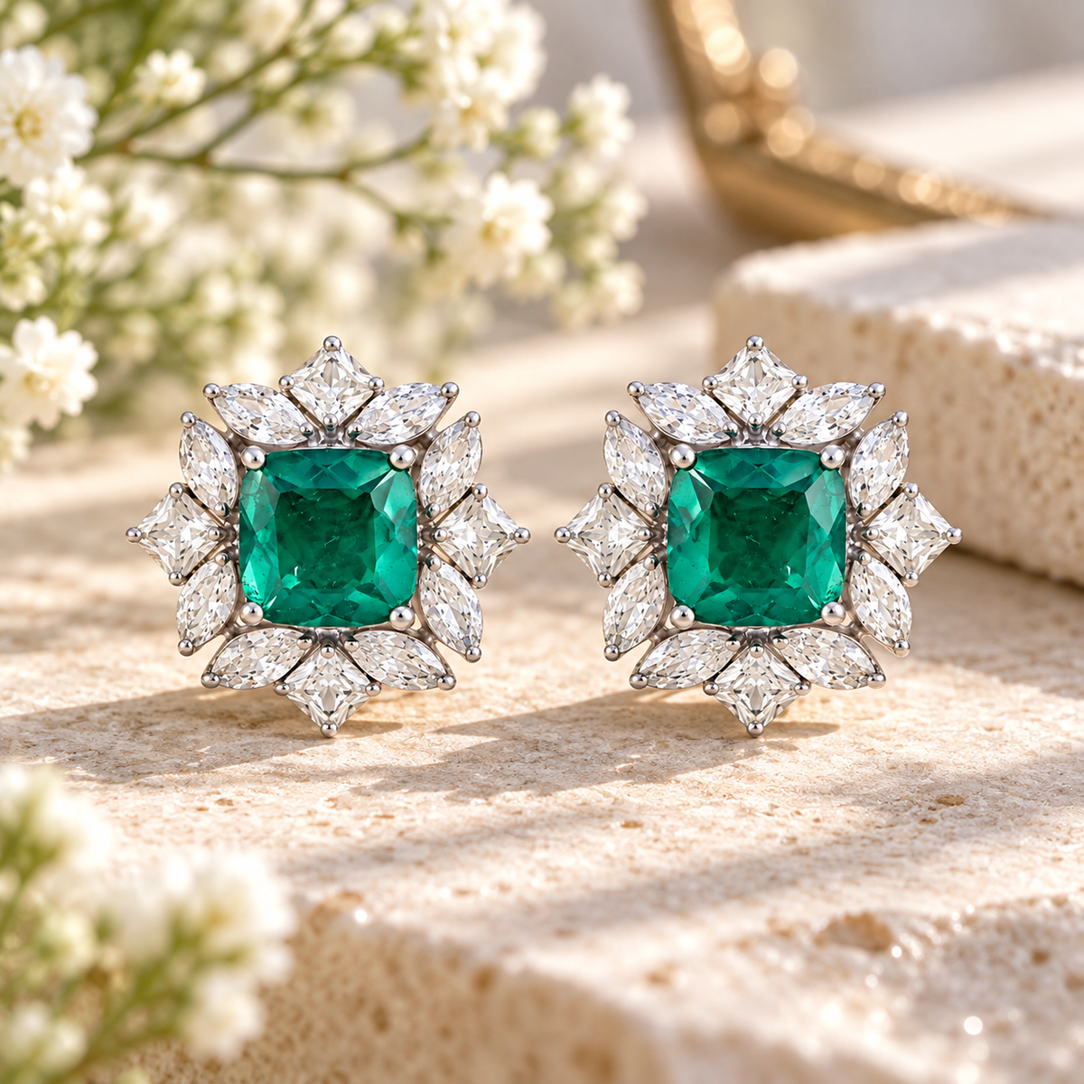 Emerald Doublet Cushion Cut Halo Stud 925 Silver Earrings – Statement Jewelry for Women
