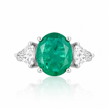 925 Silver Oval Emerald Doublet Three Stone Ring with Trillion Cut Side Stones – Silver Tone Statement Ring