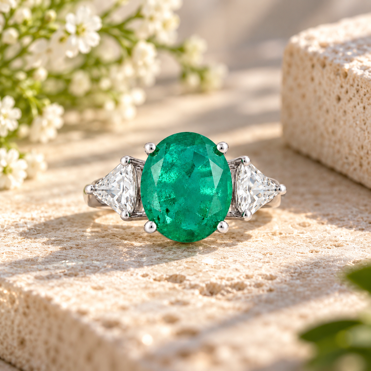 925 Silver Oval Emerald Doublet Three Stone Ring with Trillion Cut Side Stones – Silver Tone Statement Ring