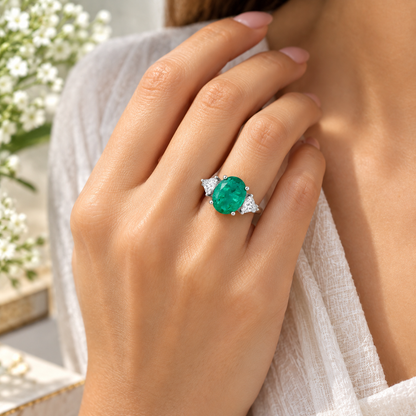 925 Silver Oval Emerald Doublet Three Stone Ring with Trillion Cut Side Stones – Silver Tone Statement Ring