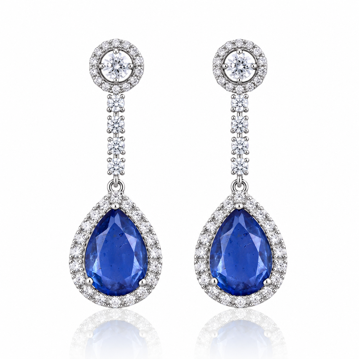 Pear-Shaped Blue Sapphire Doublet Halo Drop Earrings – Silver Tone Statement Earrings
