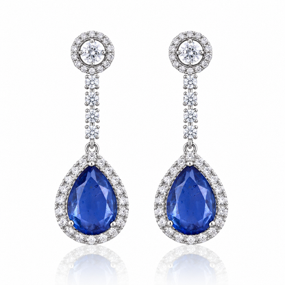 Pear-Shaped Blue Sapphire Doublet Halo Drop Earrings – Silver Tone Statement Earrings
