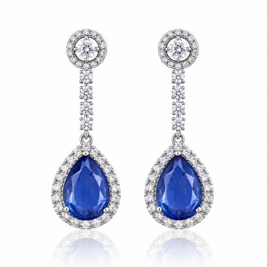 Pear-Shaped Blue Sapphire Doublet Halo Drop Earrings – Silver Tone Statement Earrings