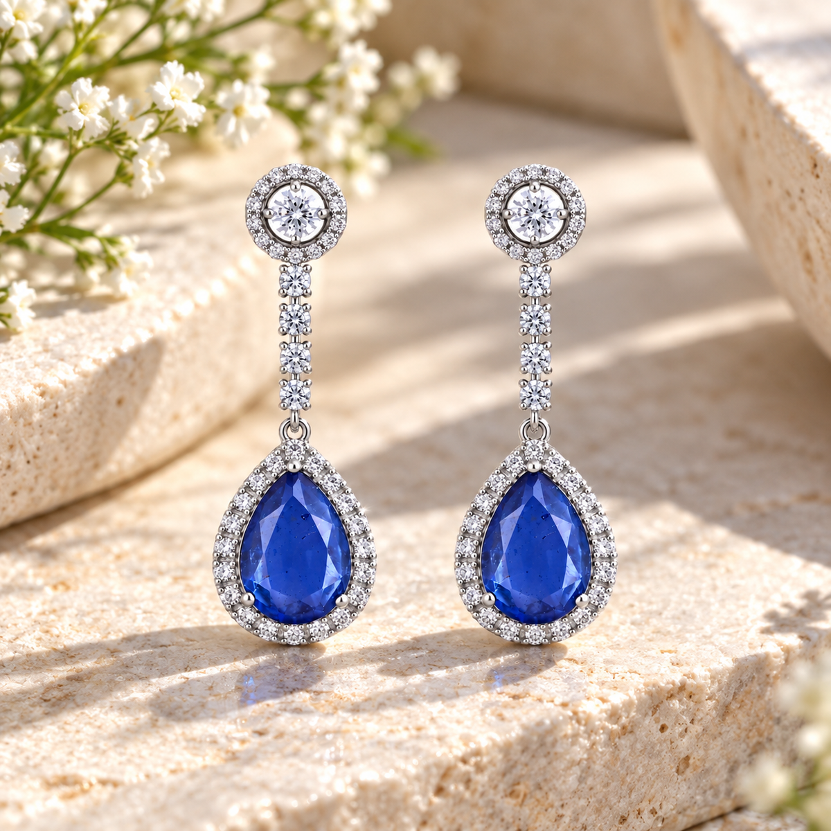 Pear-Shaped Blue Sapphire Doublet Halo Drop Earrings – Silver Tone Statement Earrings