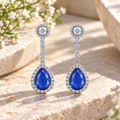 Pear-Shaped Blue Sapphire Doublet Halo Drop Earrings – Silver Tone Statement Earrings