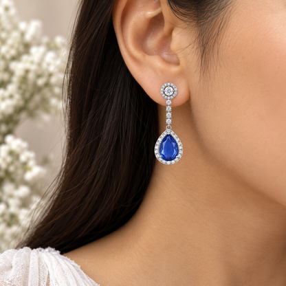 Pear-Shaped Blue Sapphire Doublet Halo Drop Earrings – Silver Tone Statement Earrings