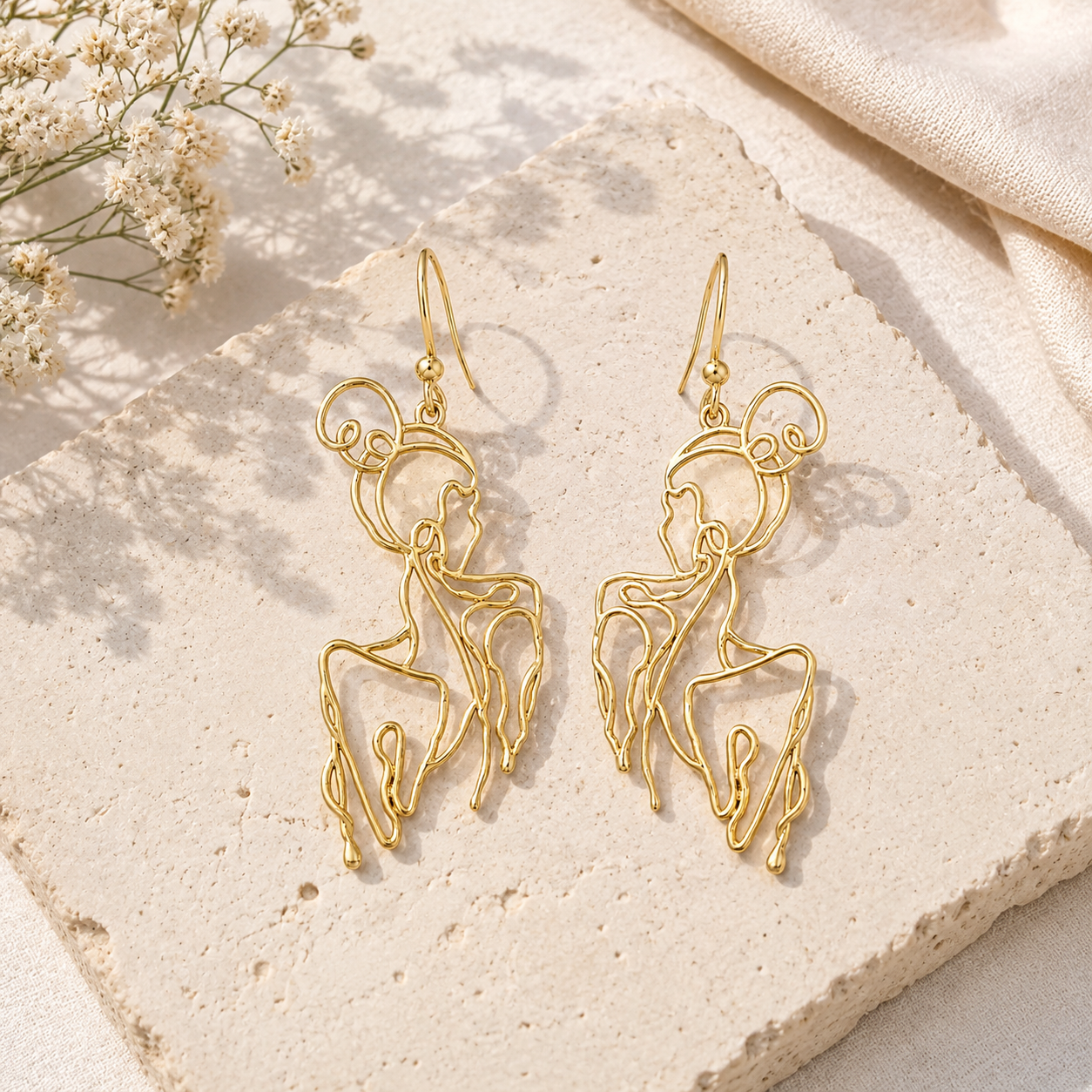Abstract Woman Face Gold Drop Earrings – Artistic Line Art Statement Earrings for Women