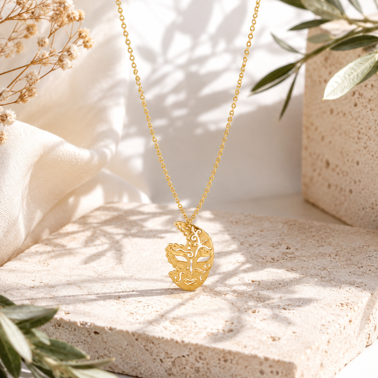 Gold Face Pendant Necklace for Women | Artistic Brass Statement Necklace