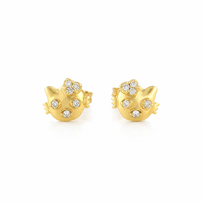 Crystal Cat Face Stud Earrings – Gold Tone Cute Animal Earrings for Women