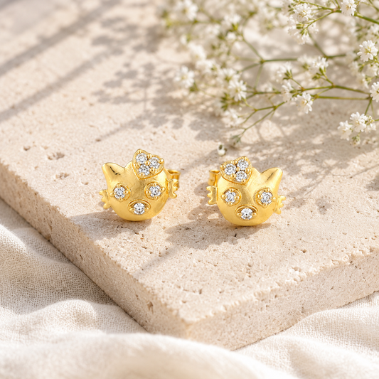 Crystal Cat Face Stud Earrings – Gold Tone Cute Animal Earrings for Women