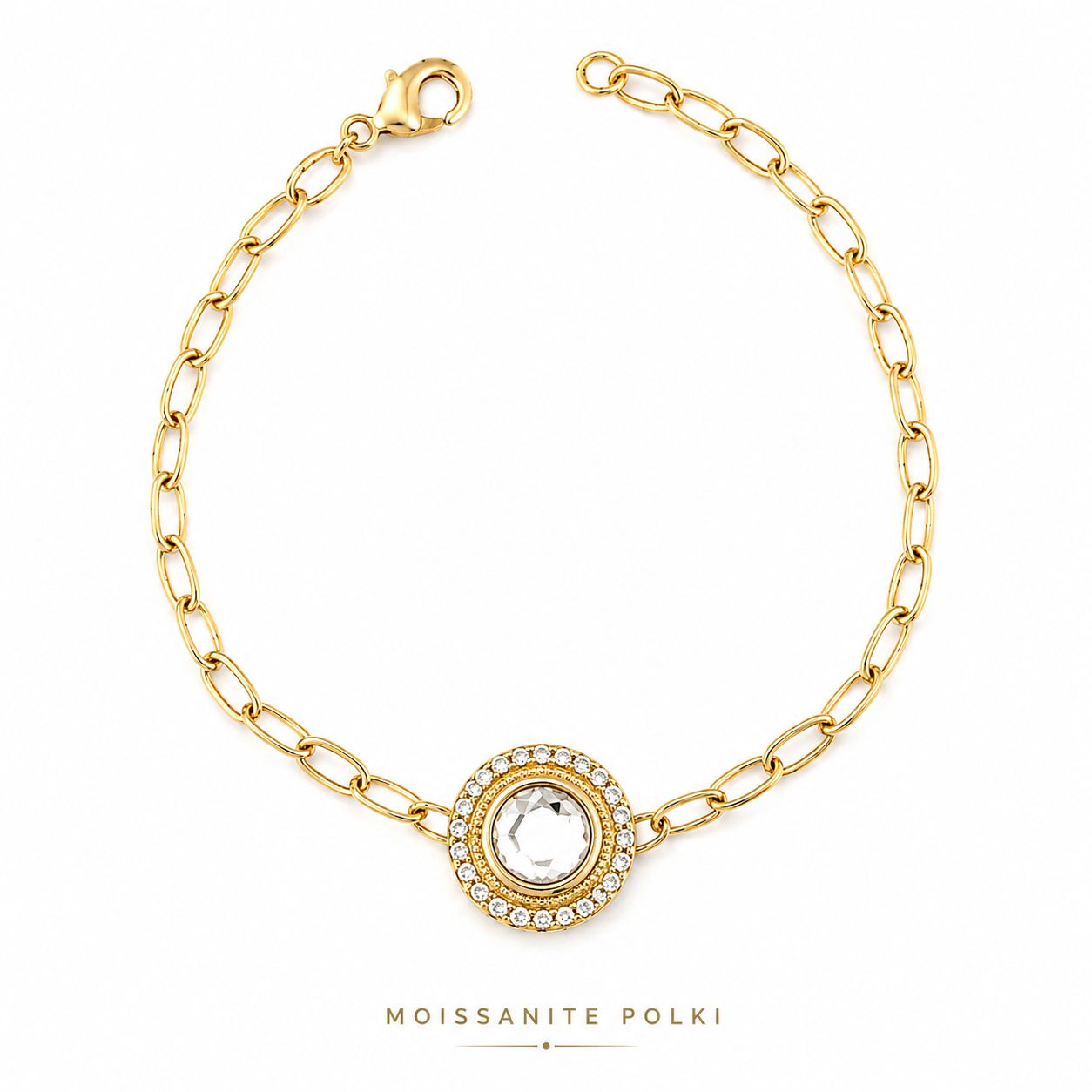 Moissanite Polki Halo Chain Bracelet – Gold Plated Statement Bracelet for Women