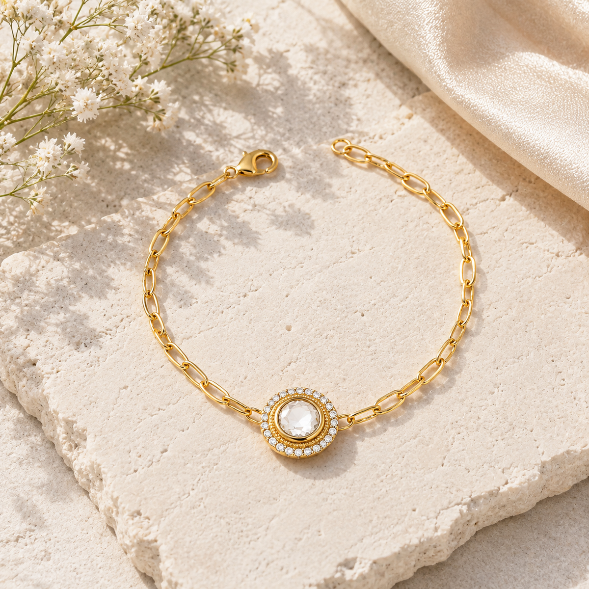 Moissanite Polki Halo Chain Bracelet – Gold Plated Statement Bracelet for Women