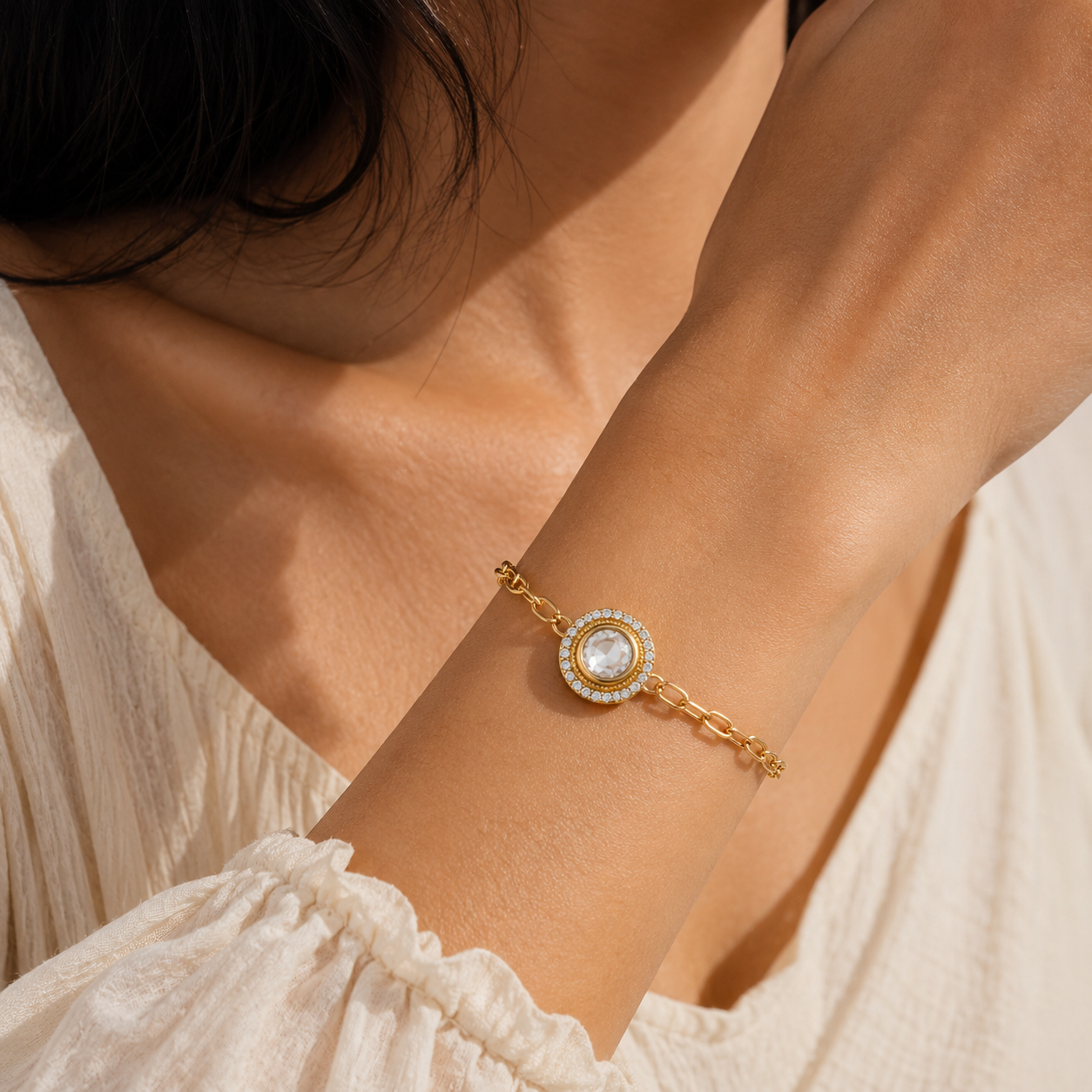 Moissanite Polki Halo Chain Bracelet – Gold Plated Statement Bracelet for Women