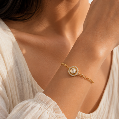 Moissanite Polki Halo Chain Bracelet – Gold Plated Statement Bracelet for Women