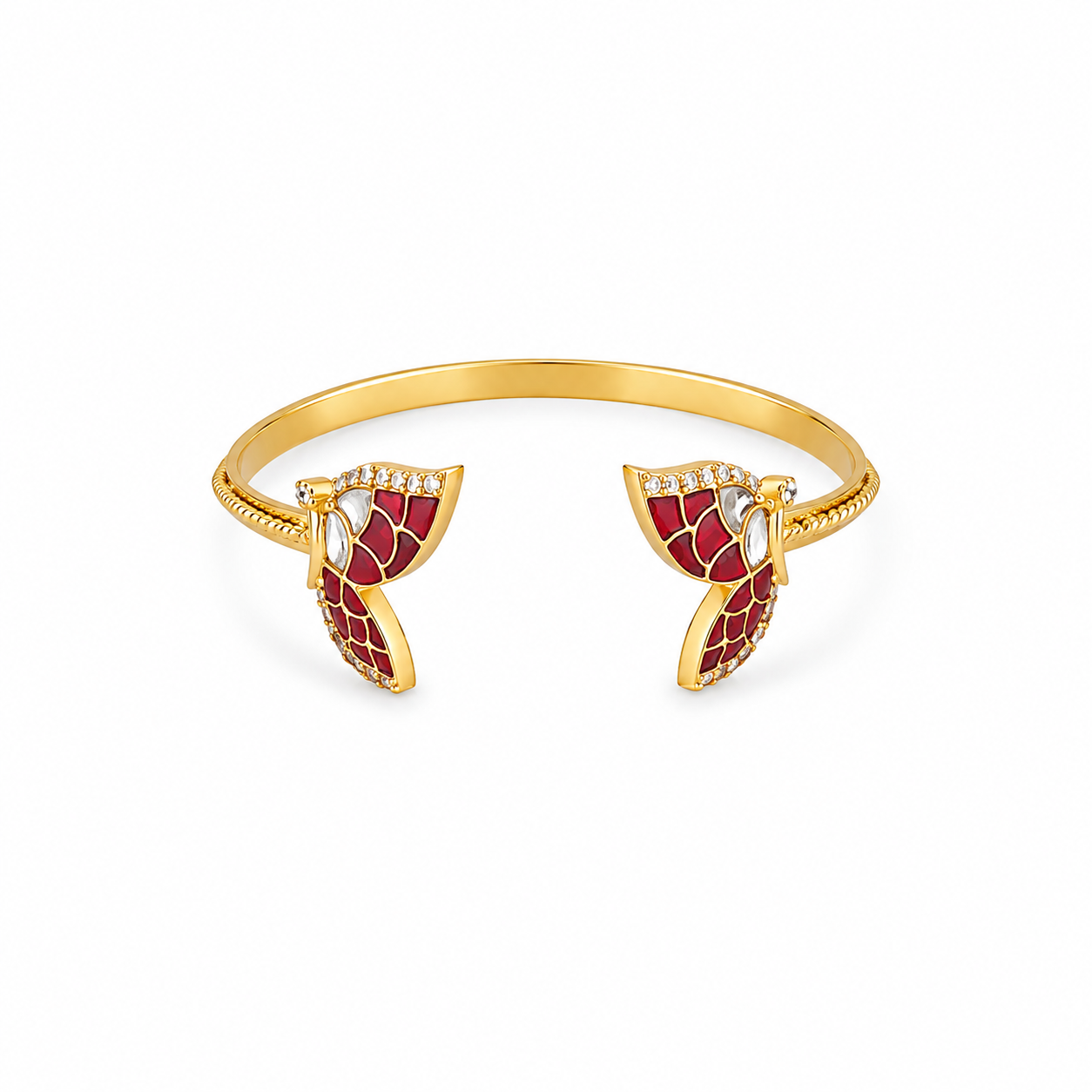 Gold open cuff bangle bracelet with red enamel leaf-shaped end pieces and small clear rhinestone accents, shown on a plain white background.