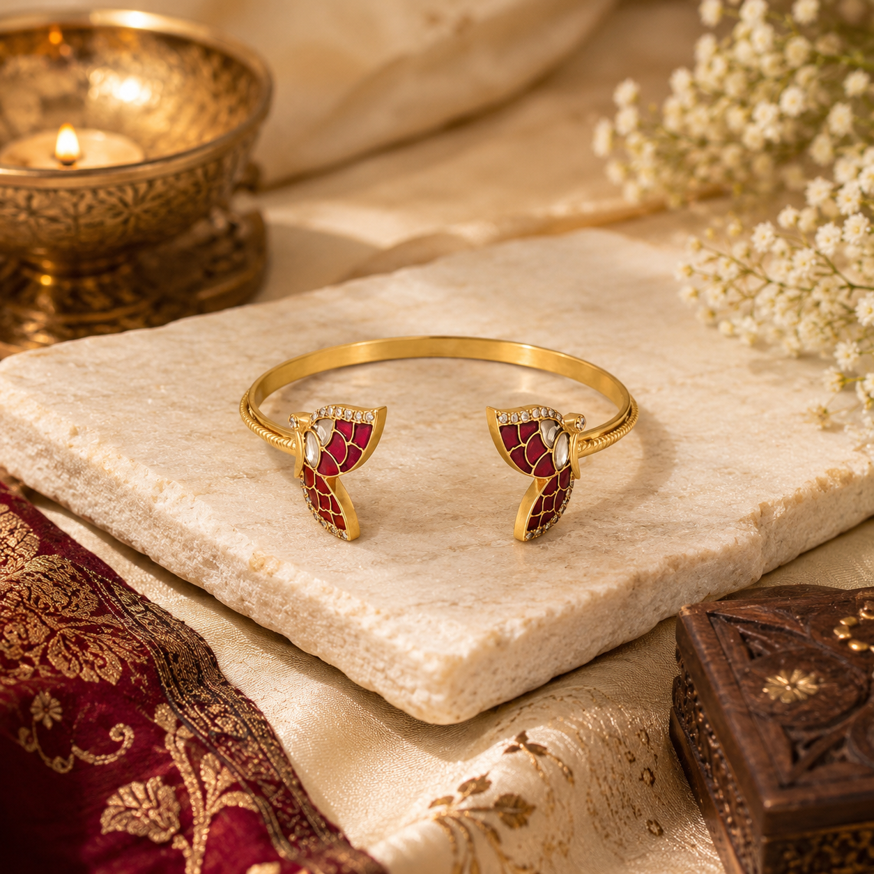 Gold Tone Brass Kundan Butterfly Open Cuff Bracelet – Statement Bracelet for Women