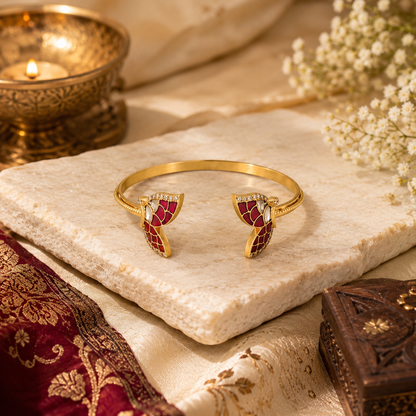 Gold Tone Brass Kundan Butterfly Open Cuff Bracelet – Statement Bracelet for Women