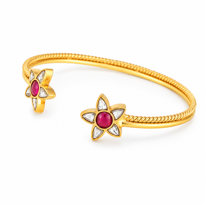 Gold-Plated Brass Kundan Floral Open Cuff Bangle – Traditional Indian Bracelet