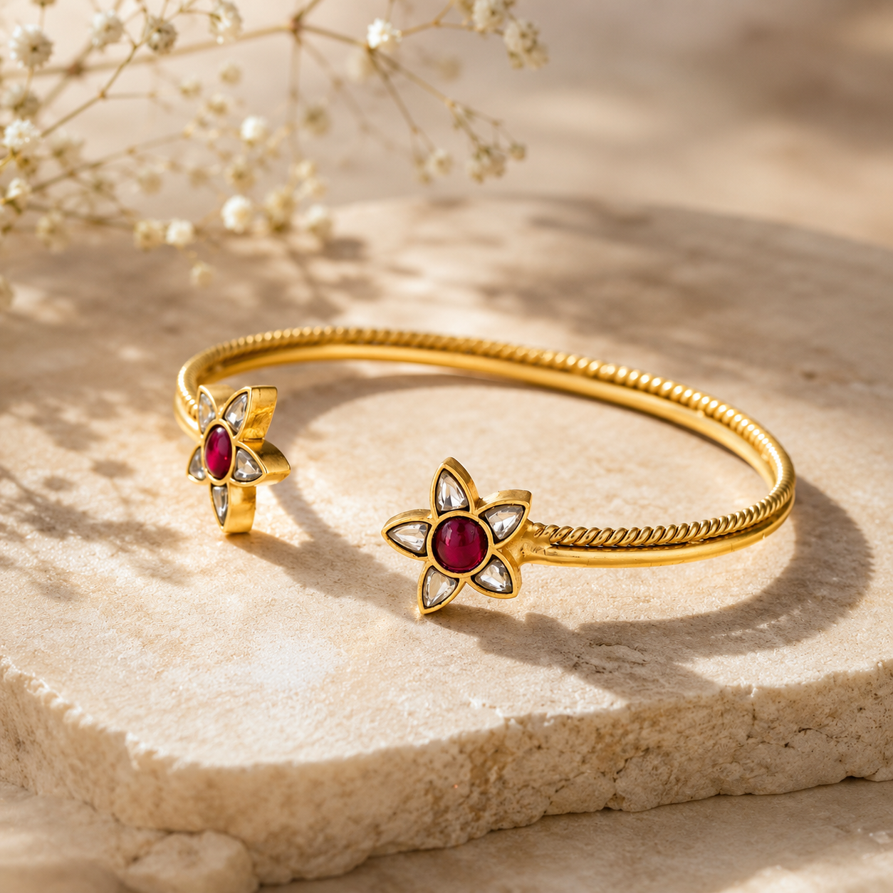 Gold-Plated Brass Kundan Floral Open Cuff Bangle – Traditional Indian Bracelet