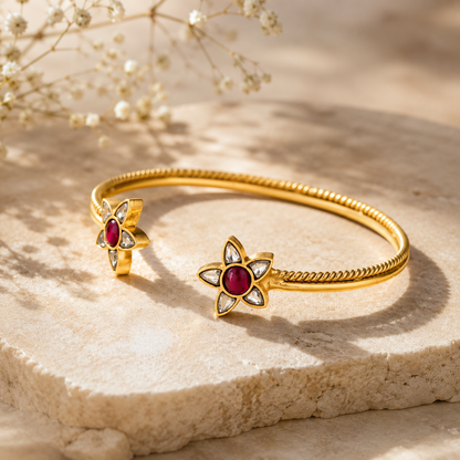 Gold-Plated Brass Kundan Floral Open Cuff Bangle – Traditional Indian Bracelet