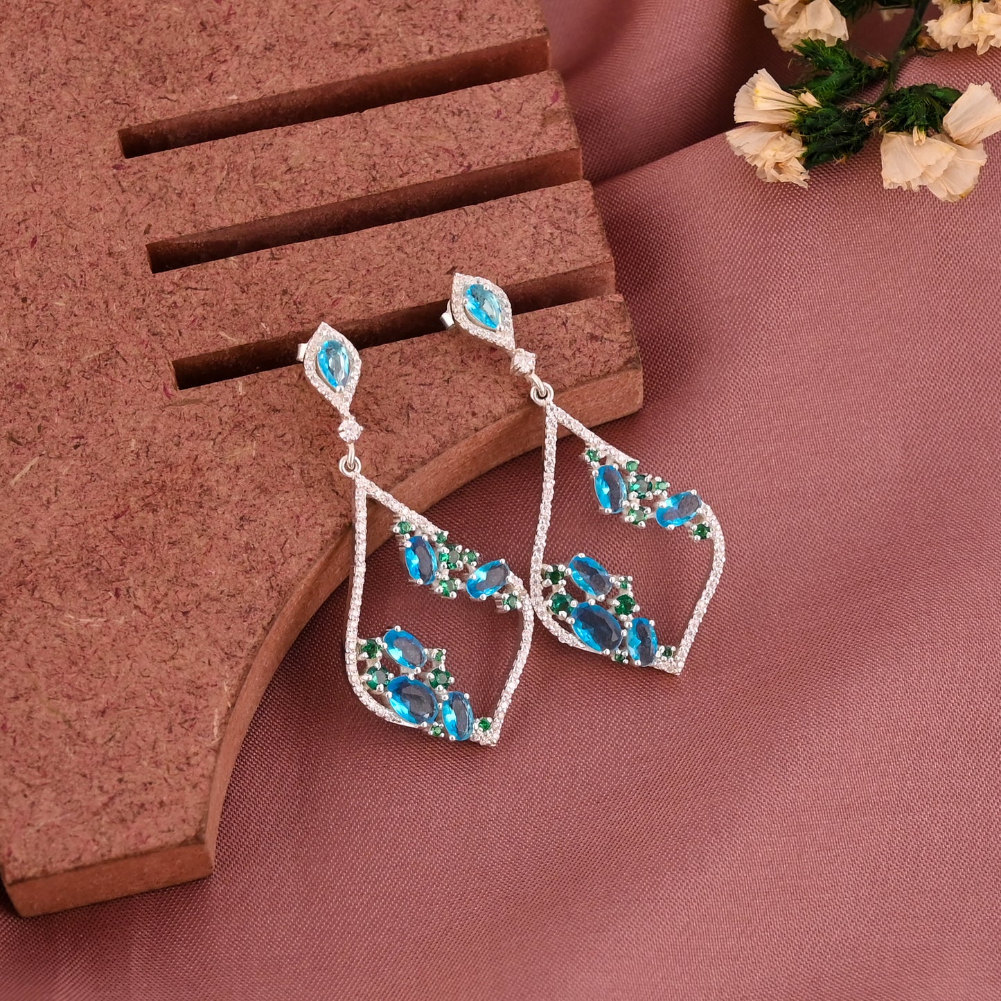 925 Silver Moissanite Blue Stone Dangle Earrings