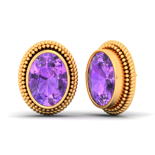 Natural Amethyst AAA Quality Oval 10X14mm Solid Gold Stud Earring