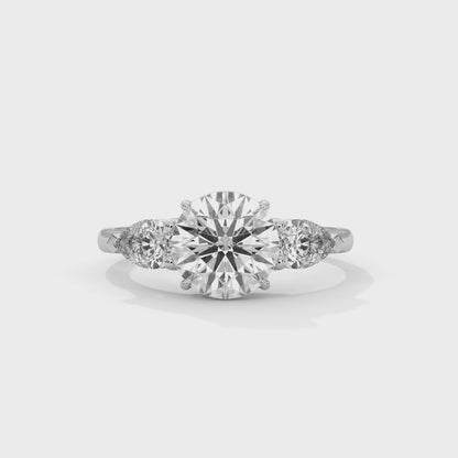 925 Sterling Silver Three Stone Round Solitaire Ring | Pear Side Stone Engagement Ring