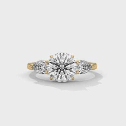 925 Sterling Silver Three Stone Round Solitaire Ring | Pear Side Stone Engagement Ring