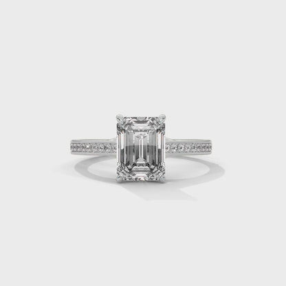 925 Sterling Silver Emerald Cut Solitaire Engagement Ring with Pavé Band